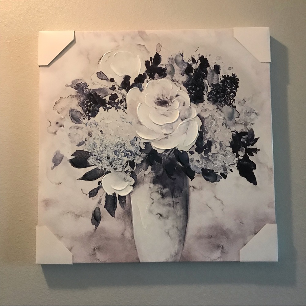 Mounted Canvas with Oil Painting -White Rose and Navy Blue Flowers In Vase